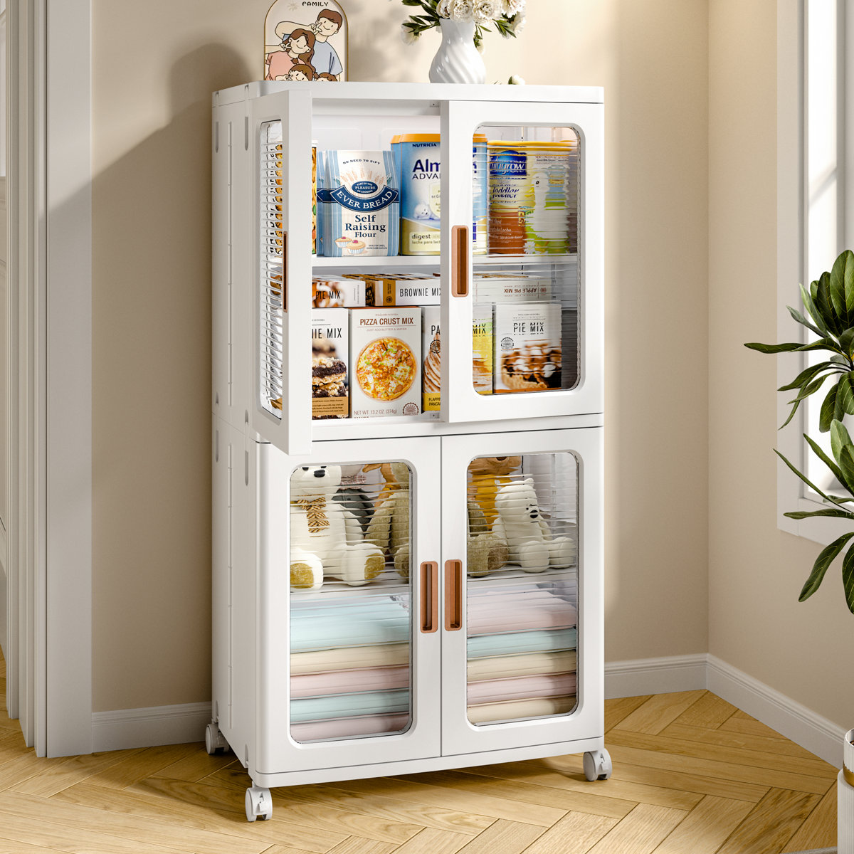 2-Tier Stackable Storage Bin With Doors And Adjustable Shelves Rolling Plastic Folding Storage Cabinet Collapsible Closet For Home Dorms Organizer